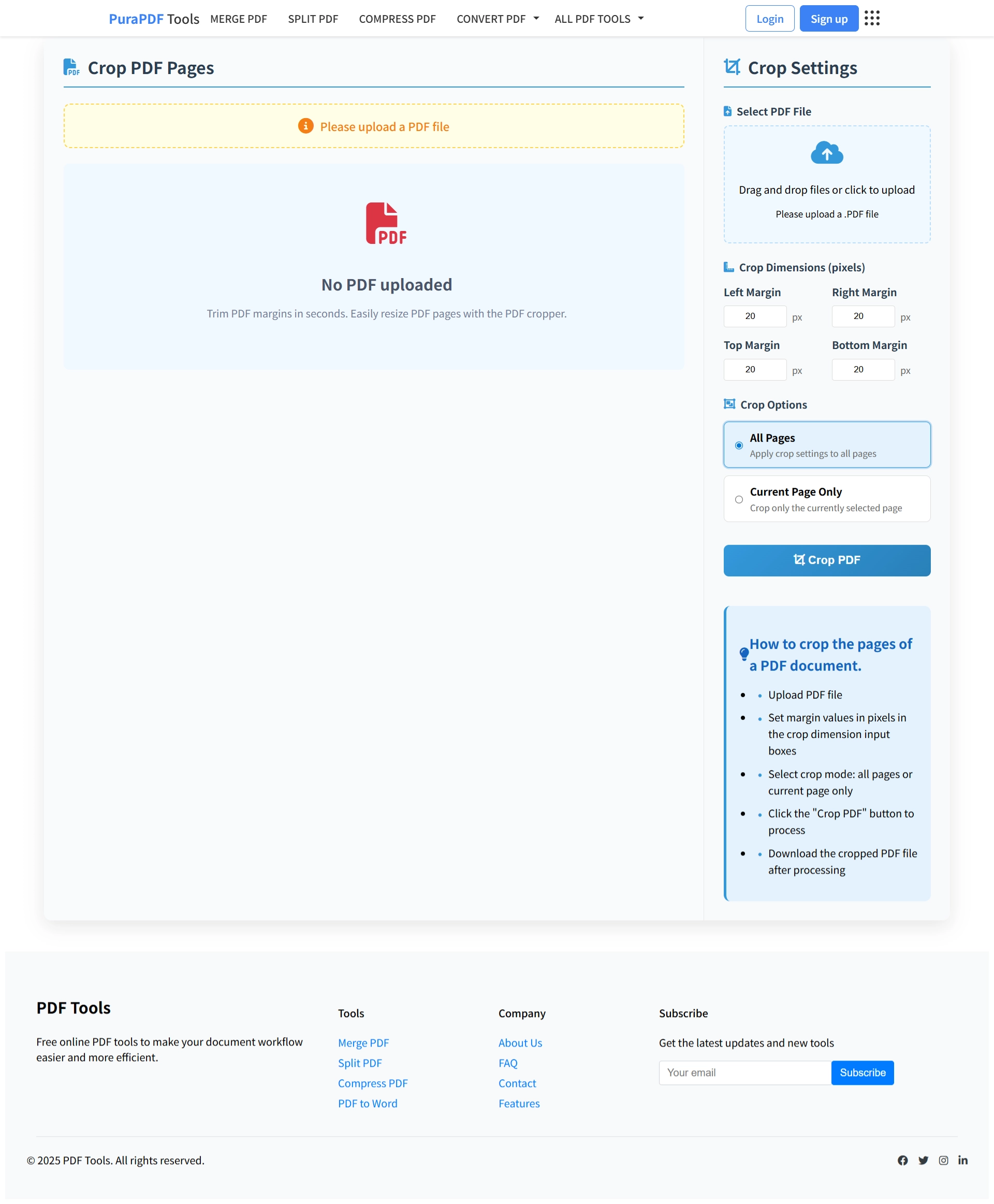 PuraPDF online tool interface for cropping PDF to specific size