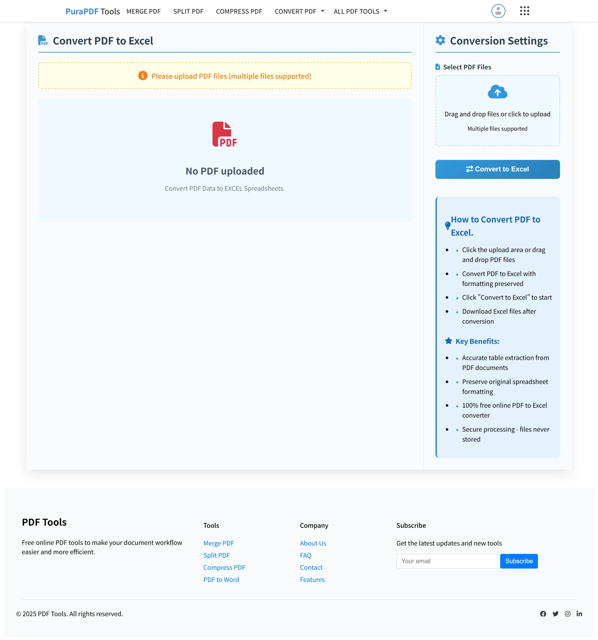 Free online PDF to Excel converter homepage - PuraPDF