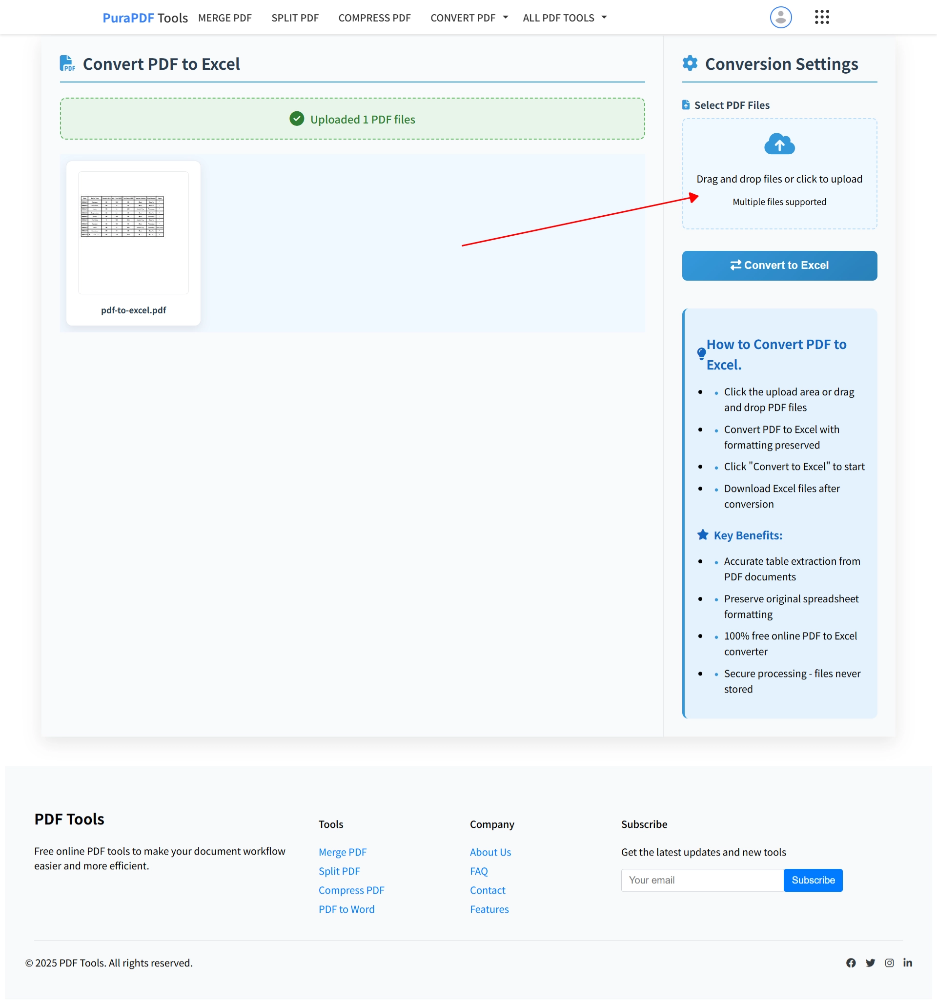 Upload PDF to extract tables to Excel online