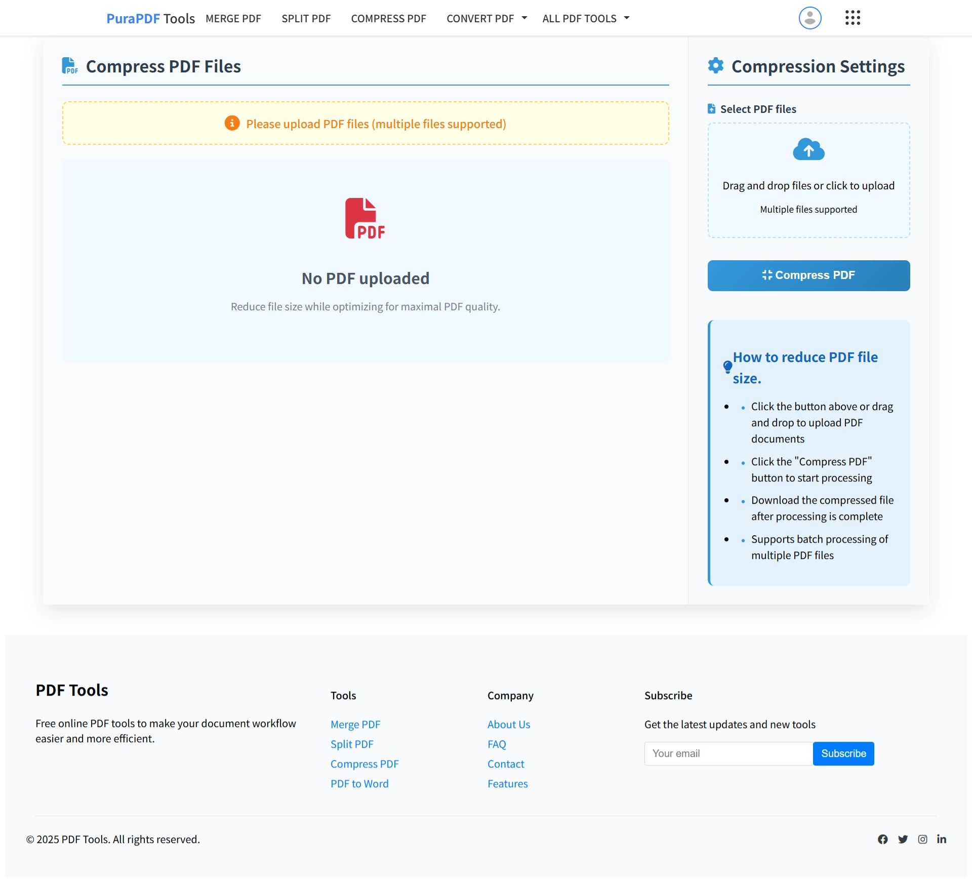 Free online PDF compressor homepage - PuraPDF