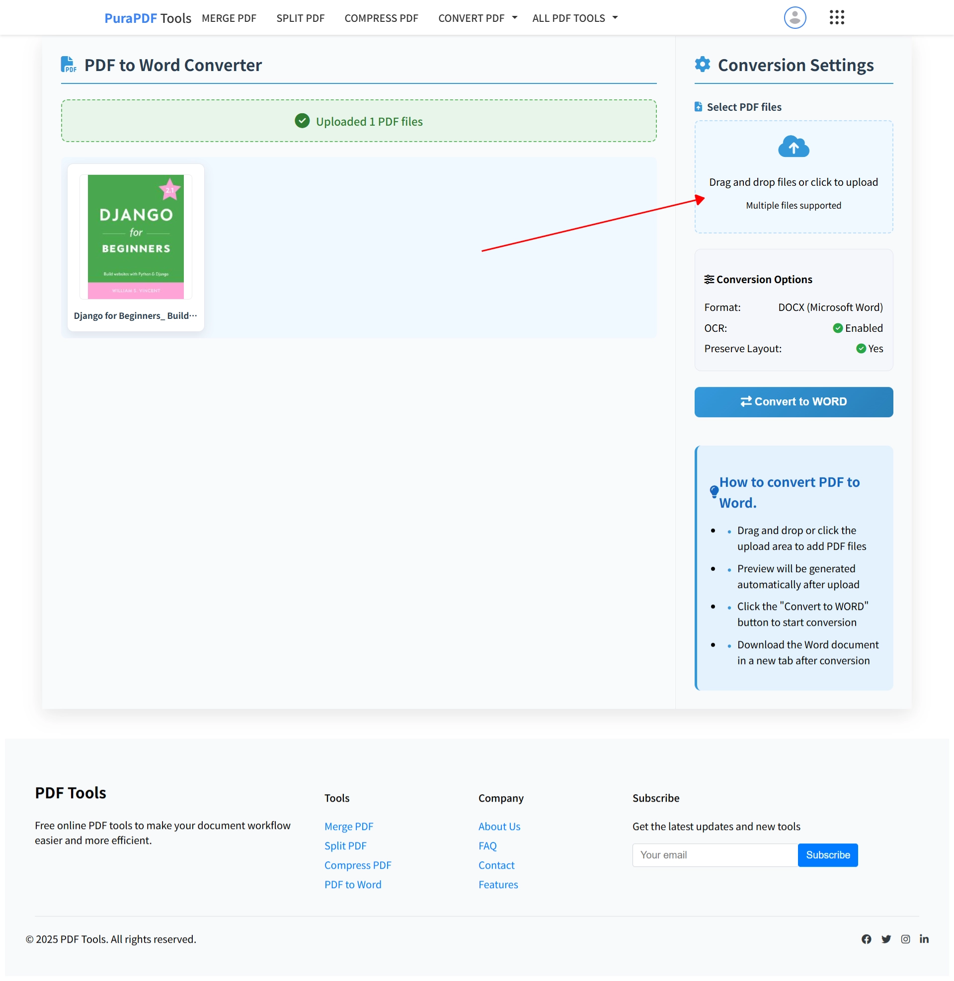 Upload PDF and generate preview for Word conversion