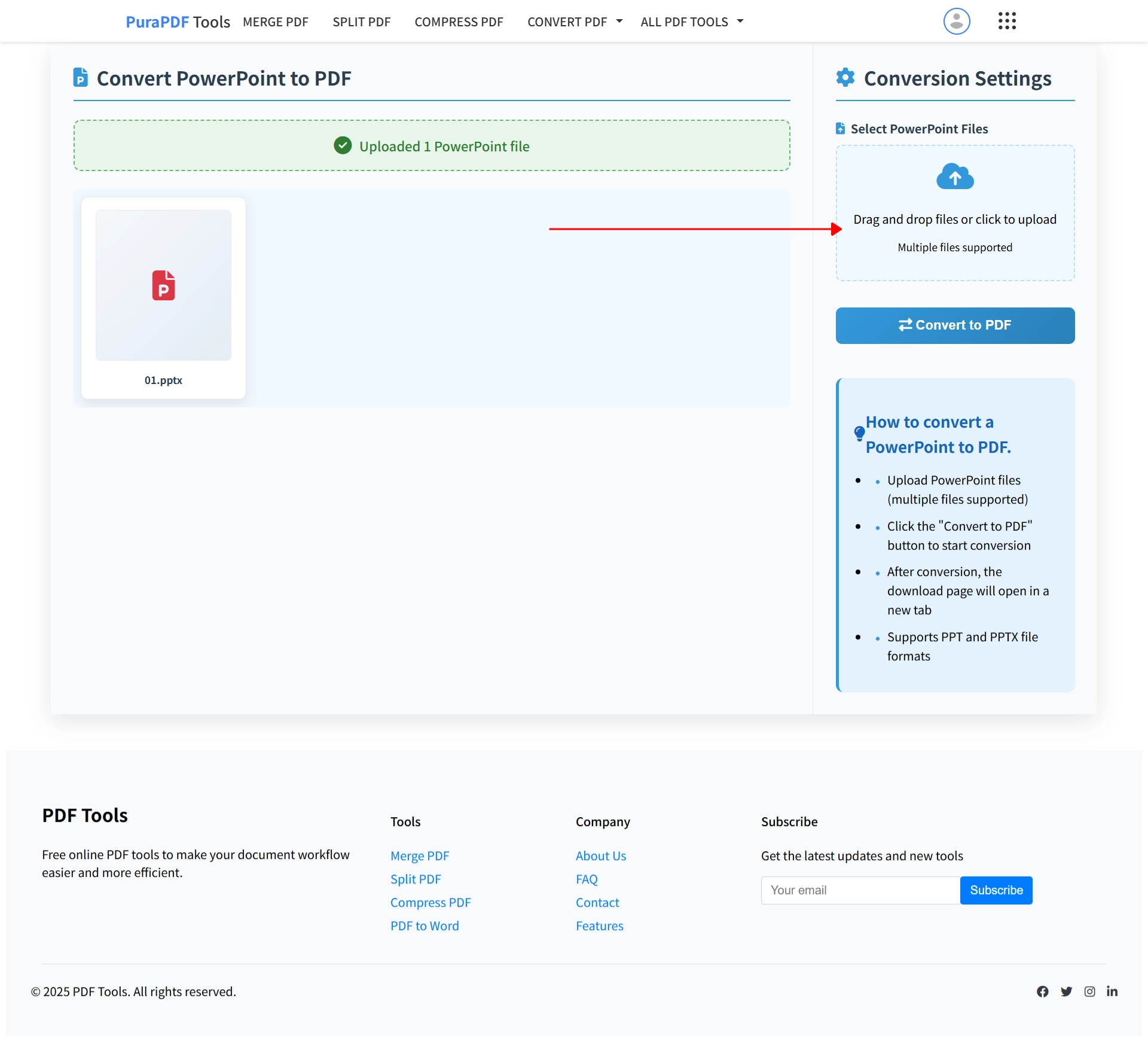 Upload PPT or PPTX file to convert to PDF online free